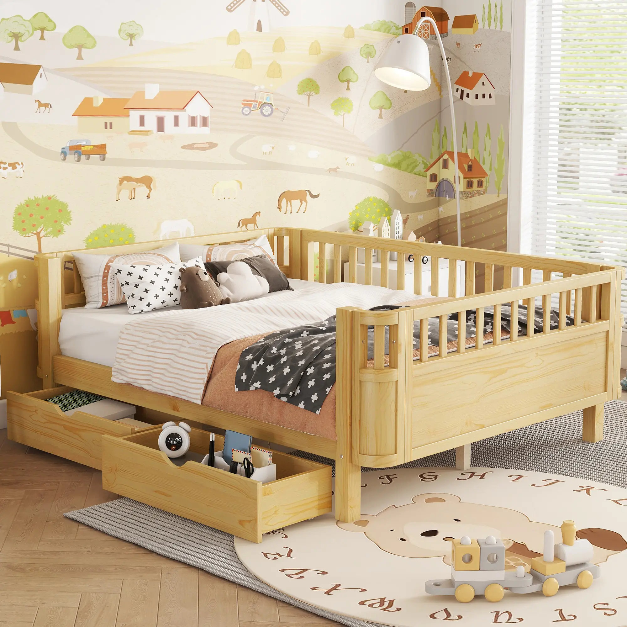 Full Kids Platform Bed with Safety Rails and Under-Bed Storage, Pine Low Profile Daybed, Natural Finish, 56.5W x 77.9D x 27.3H Inches