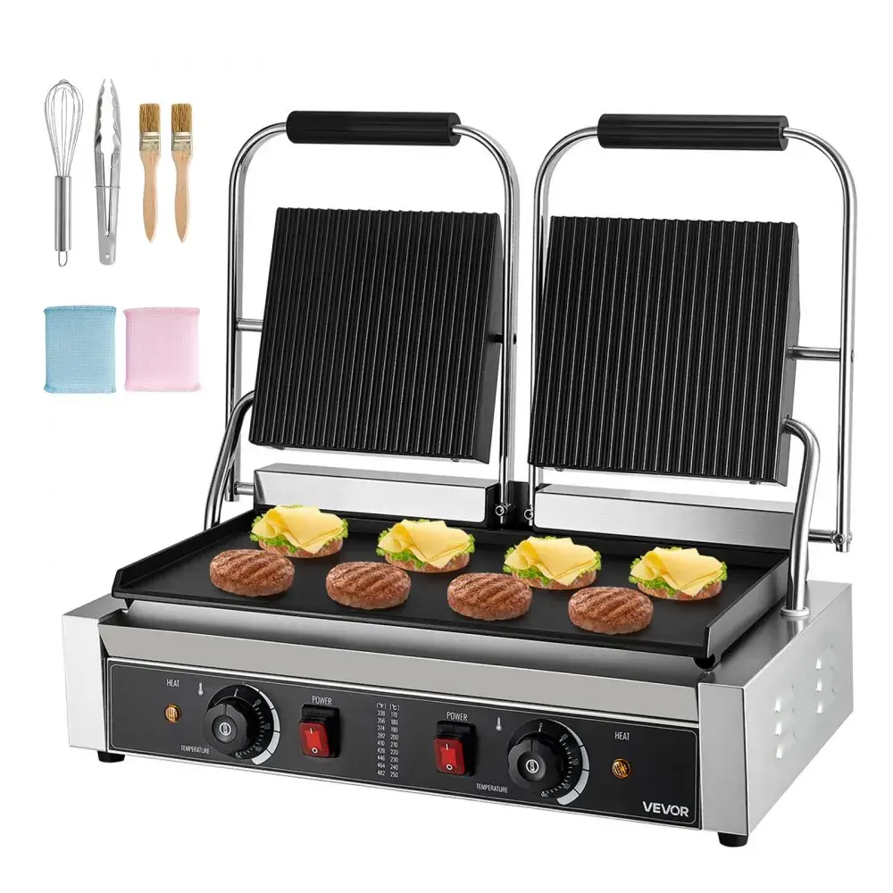 【Summerfinds】VEVOR Commercial Panini Grill - 3600W Electric Sandwich Toaster & Commercial GriddleStainless Steel Double Sandwich Press Grill with Handle & Temp Control19x9 in Flat Enamel Plate for HamburgerSteakBacon (Stainless Steel Grilling)