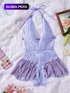 Romantic Valentine's Gift Women's Sexy Fitted Jumpsuit, Lingerie, Deep V Neck, Soft Lace, Semi-Transparent, All Seasons