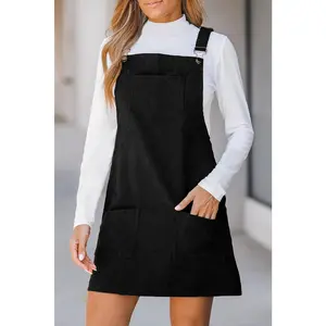 Black Solid Front Pockets Sleeveless Corduroy Overall Dress