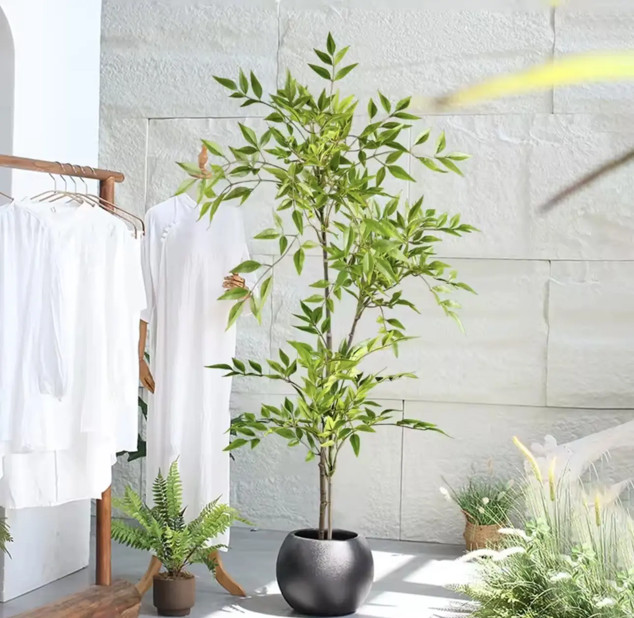 Artificial Plants Nandina Tree Green Tall Plants Fake Leaves Plants Faux Branches for Home Garden Office Decor