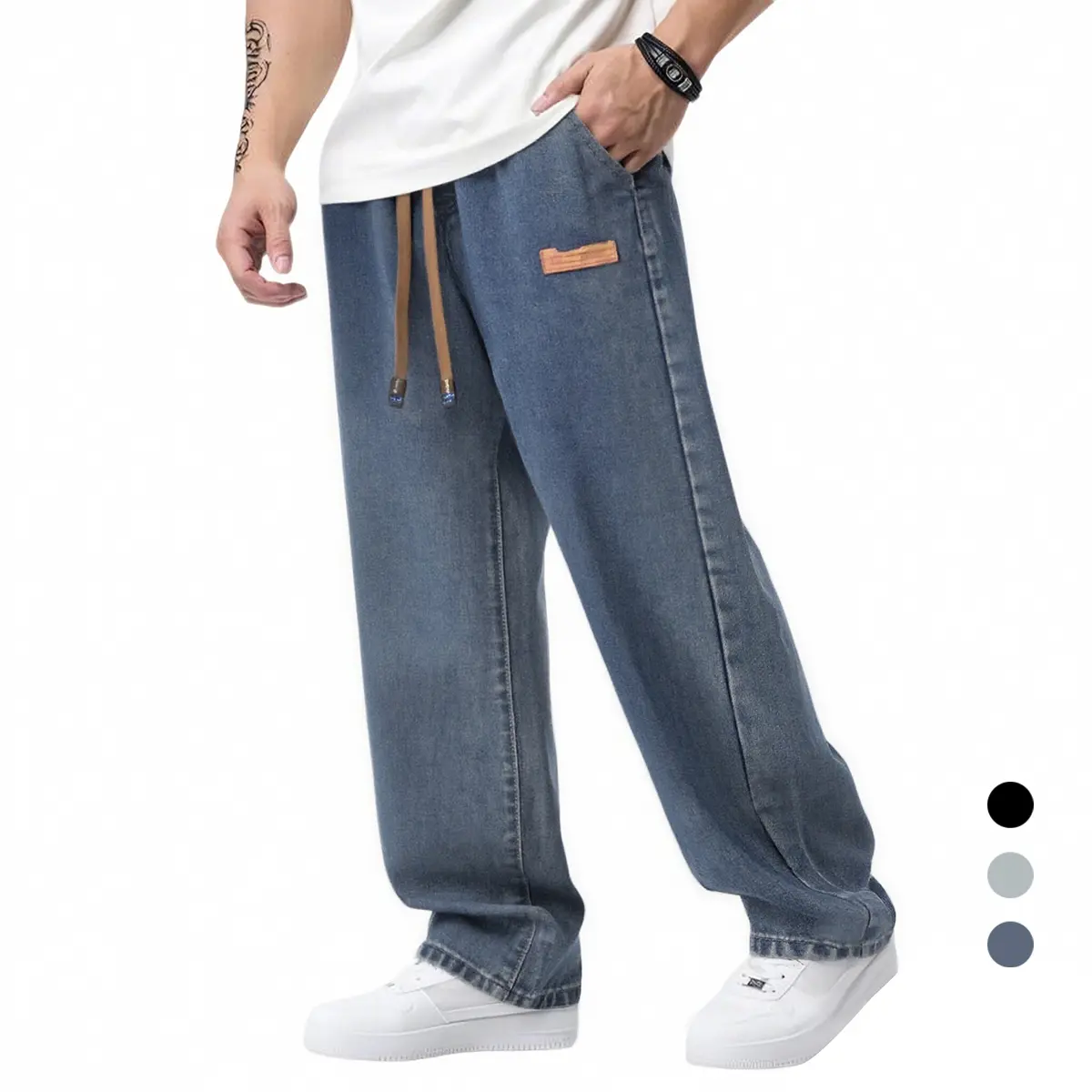 Men's Regular-Fit Straight-Leg Menswear Trousers, Elegant Plain Casual Drawstring Elastic Waistband, 61.8% Cotton Premium Heavyweight Blended Fabric Washed Denim Jeans