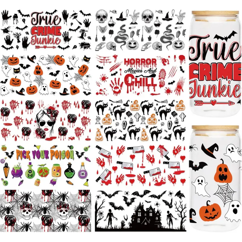 UVDTF Cup Wrap Sticker - 10 Sheet Sticker Set Halloween UV DTF Transfer for 16 oz Glass, Bat Pumpkin Blood Ghost Skull Spider Design, Waterproof Rub on Transfer, DIY Craft for Halloween