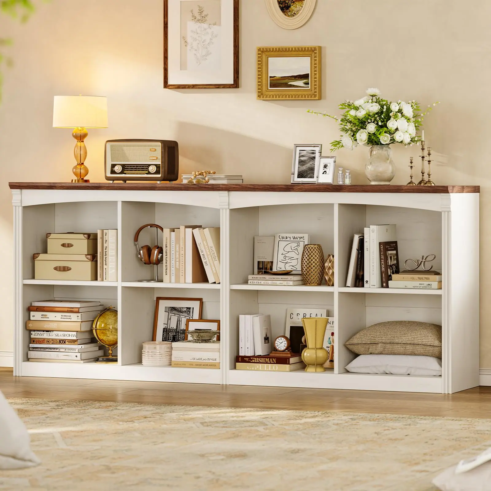 63’’ Extra Long 8 Cube Storage Organizer Bookcase,Long Bookshelf, Cube Shelf with Adjustable Shelves & 8 Open Cubbies, 2 Tiers Floor Standing Book Shelf for Living Room, Office & Home Decor, White