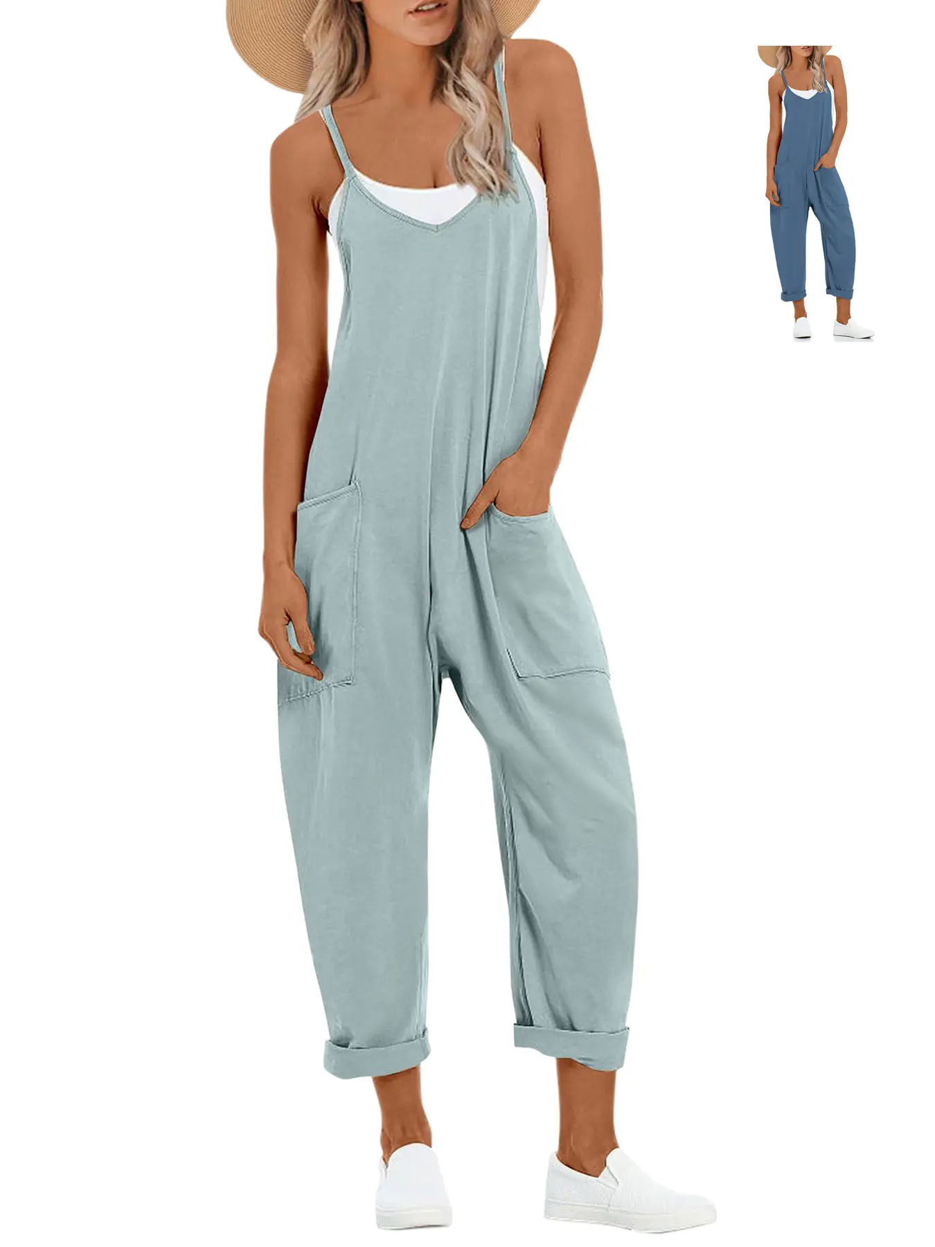 Renaishow Women's Casual Overalls, Sleeveless Loose Fit Solid Jumpsuit with Pockets, Summer Vacation Travel Outfits, Overalls For Women, Lady, Lightweight, Holiday