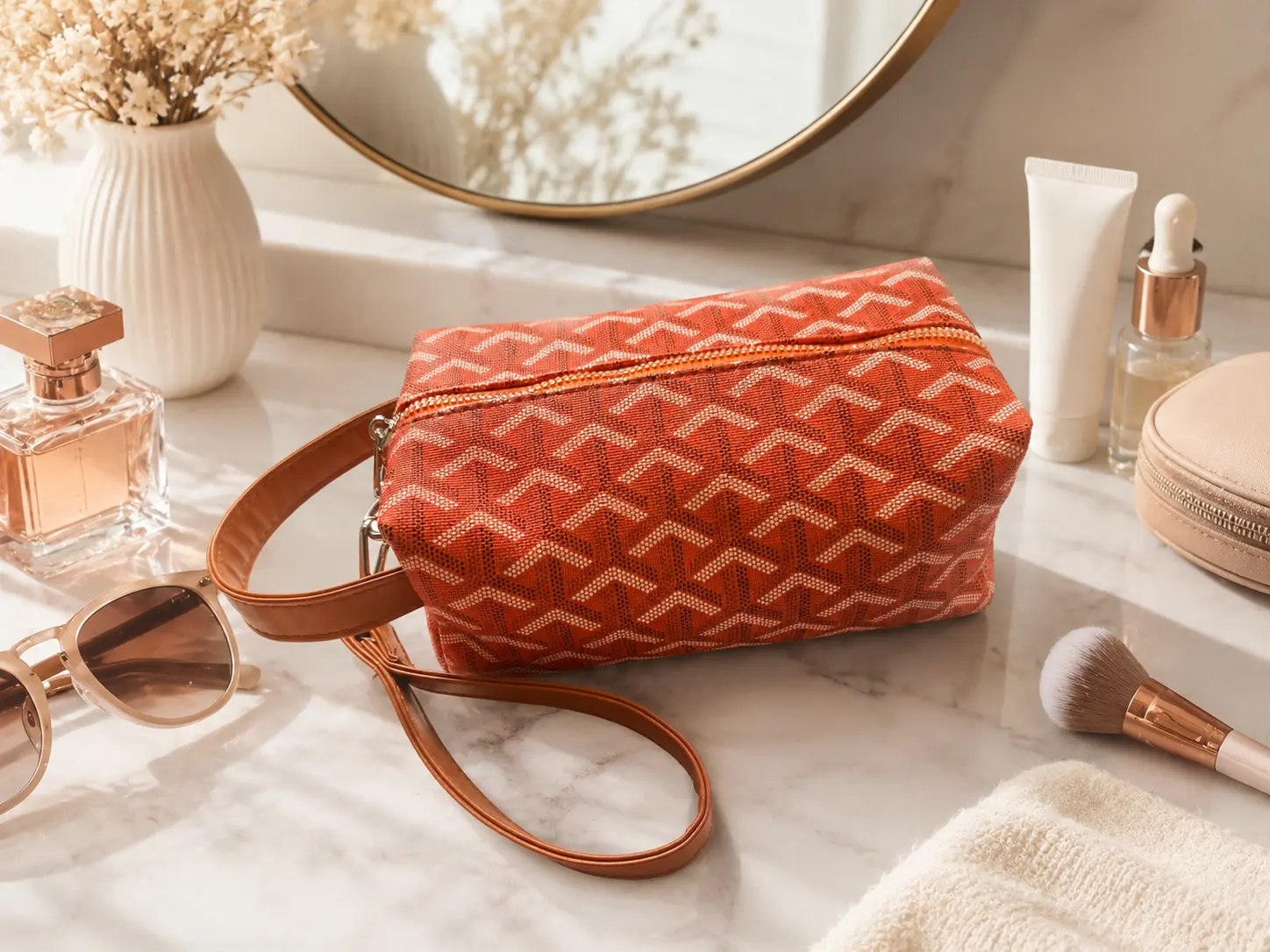 Unisex PU Leather Travel Pouch, Large Capacity Toiletry & Cosmetic Organizer Bag with Carry Handle, Water-Resistant Storage Bag for Travel, Gym & Daily Essentials