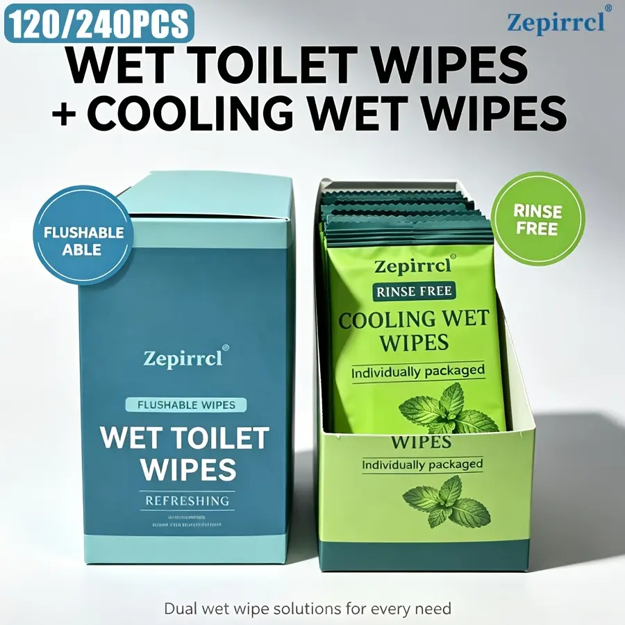 Zepirrcl Flushable Toilet Wipes & Cooling Mint Wipes Combo Pack, 120/240 total pieces, 60 pieces per box, individually packaged disposable sanitary wipes, flushable and alcohol-free, for home, bathroom, travel, gym, camping, office, and outdoor personal c