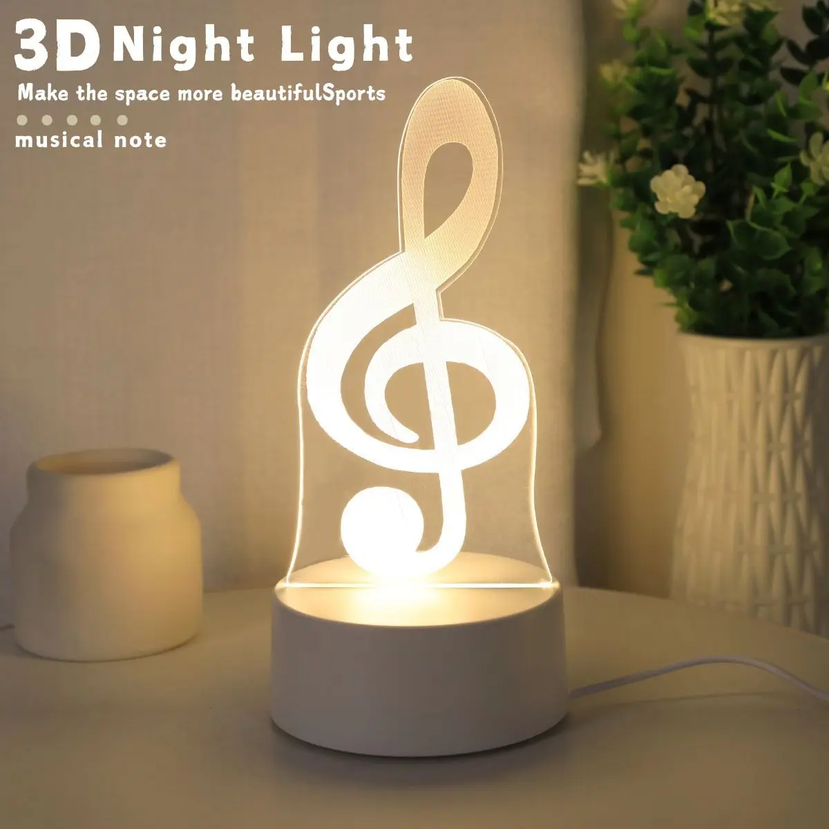 1pc 3D Glowing Music Symbol Night Light, Creative Music Theme Desktop Lamp, Energy-Saving Plastic Lamp, Modern Lighting Gift, LED Mood Light