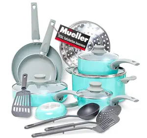 Mueller 16-Piece Non-Stick Stone Cookware Set with Steamer and Glass Lids, Turquoise