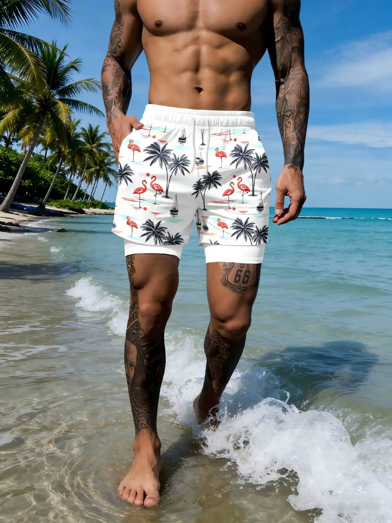 2026 Men's Fashion Flamingo Tropical Drawstring Waist Vacation Beach Shorts, Swimsuit Shorts, Quick-Dry Breathable Swimwear for Summer