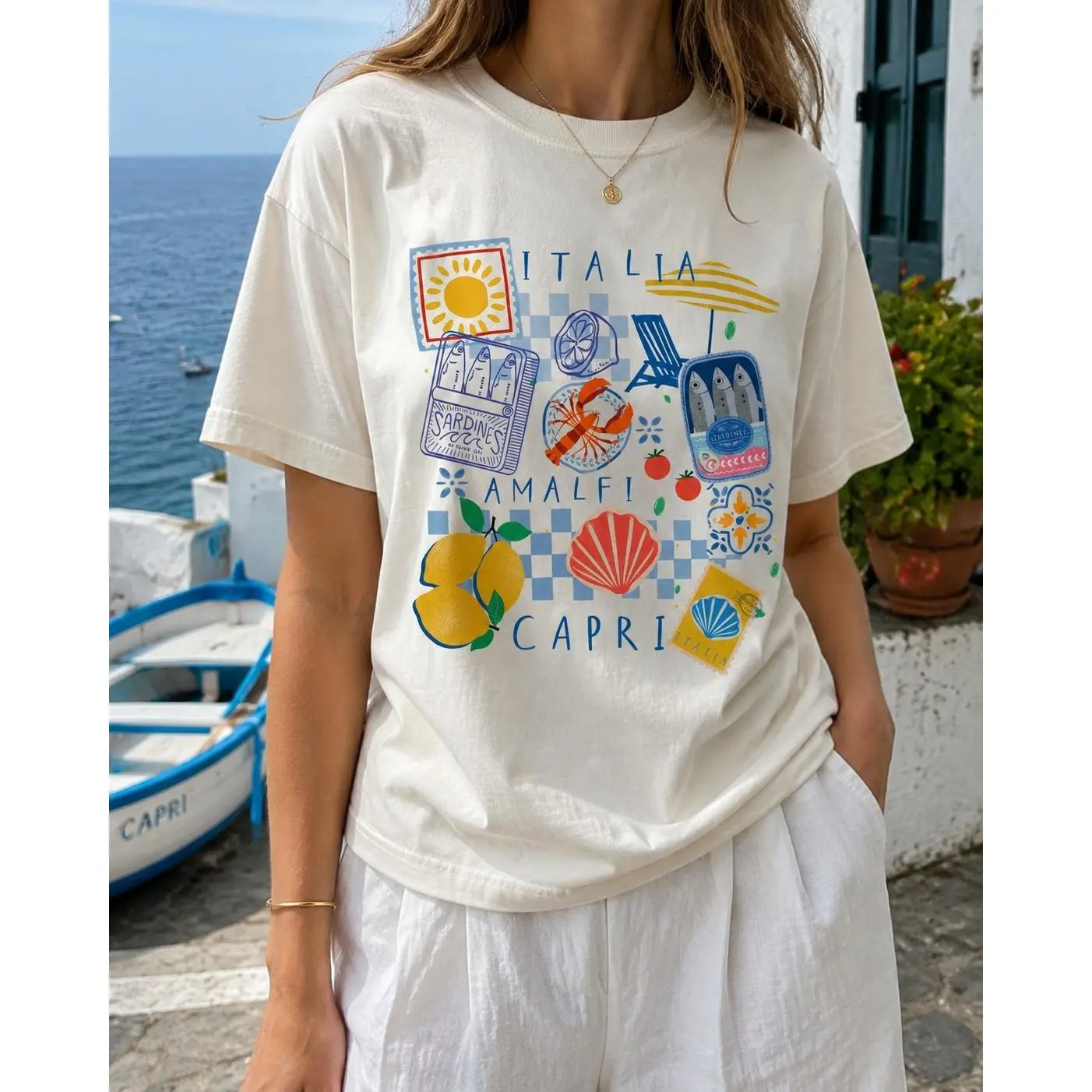 Women's Premium Cotton Oversized Short Sleeve T-Shirt - Cute Amalfi Capri Lemon Seafood Print, Relaxed Fit Crew Neck, Soft Breathable Top for Vacation Daily Wear, Tshirt, Cloud, Streetwear