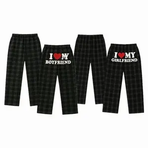 Matching Premium Satin Pajama Pants for Couples – Plaid I Love My Boyfriend Girlfriend Lounge Bottoms, Soft Sleepwear Gift