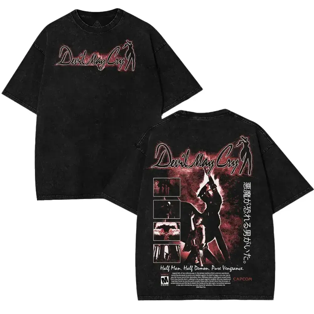[BT] Devil May Cry 1 Dante & Trish Son of Sparda Vintage Graphic Tee - 2-Sided Washed Soft Cotton Oversized Ribbed Round Neck casual Streetwear Top, S-3XL, Men's Graphic Tees video game fan clothes
