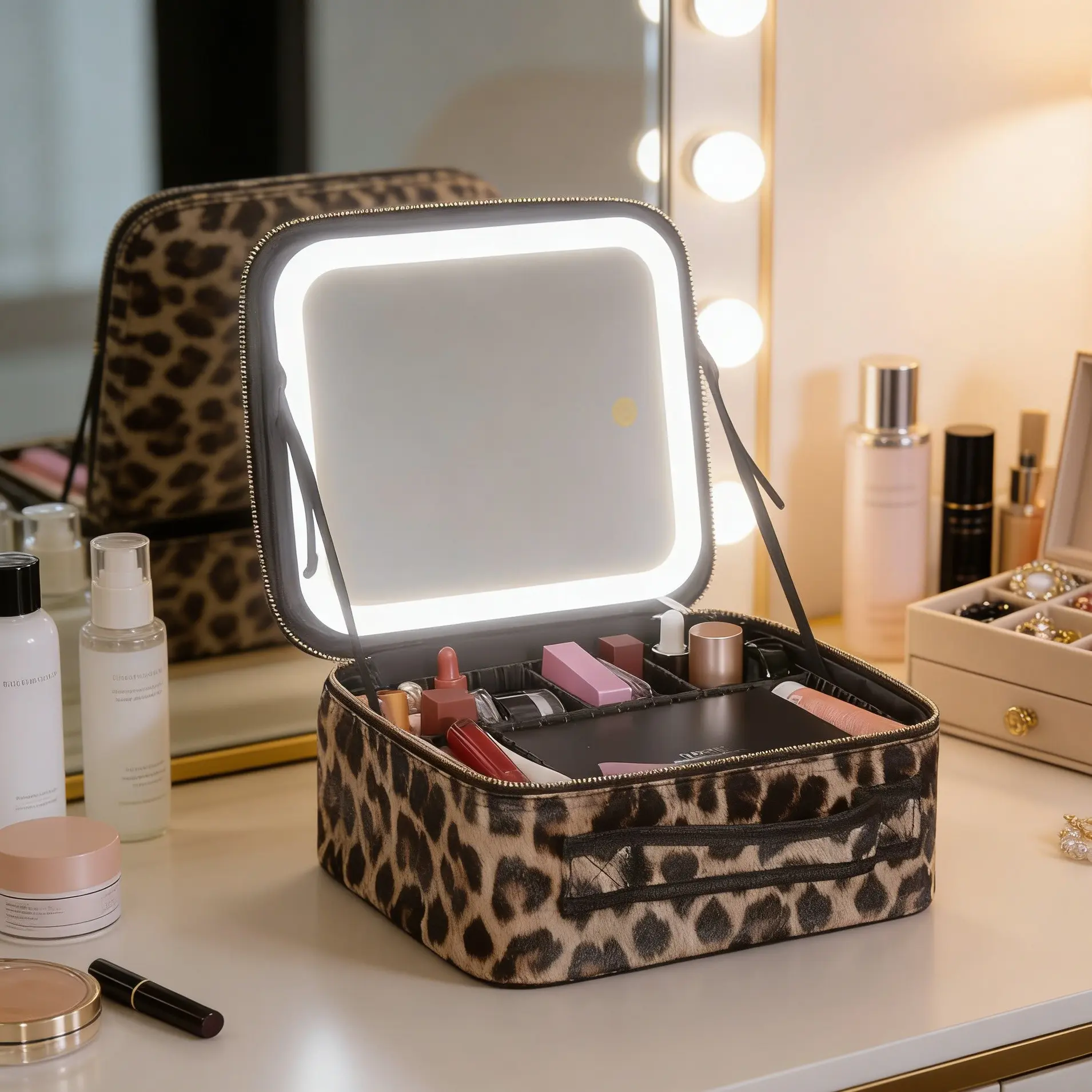 Travel Makeup Bag with LED Mirror - Rechargeable Cosmetic Organizer Case with 3 Light Settings - Portable Vanity Box for Beauty Essentials