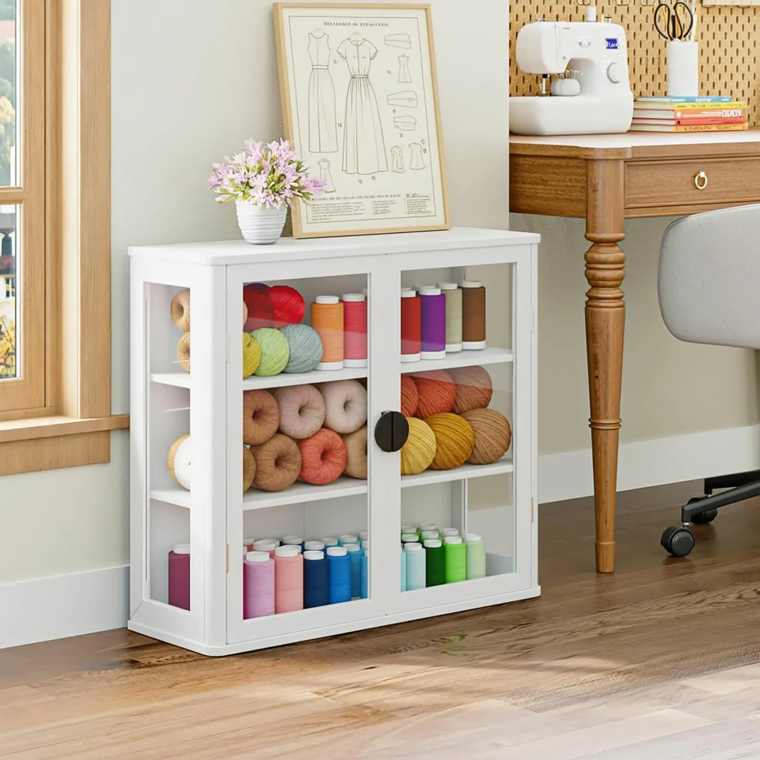 Modern Engineered Wood Craft Cabinet - Summervibes Multi-Purpose Storage Unit with Adjustable Shelves, Sewing Organizer for Craft Room, Floor/Wall Mounted, Adjustable Shelf