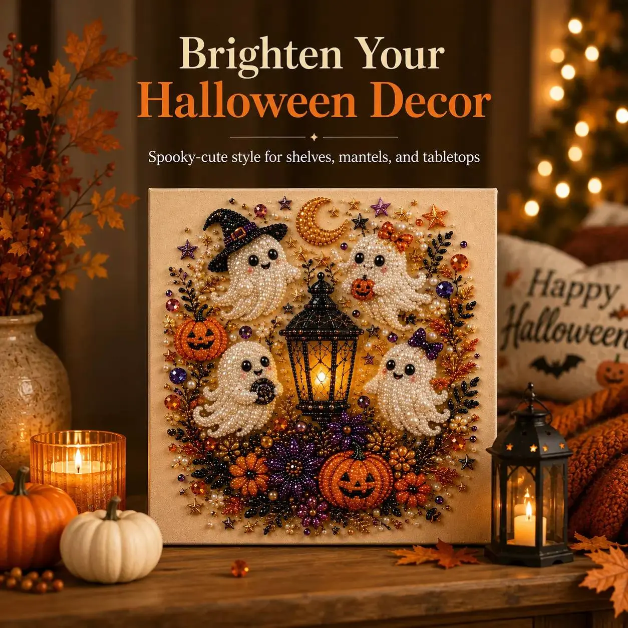 Spooky-Cute Halloween Decor Set - Ghost Motifs, Pumpkin Icons, Lanterns, Shelf Decor for Indoor Recreation Shelves, Mantels, Tabletops