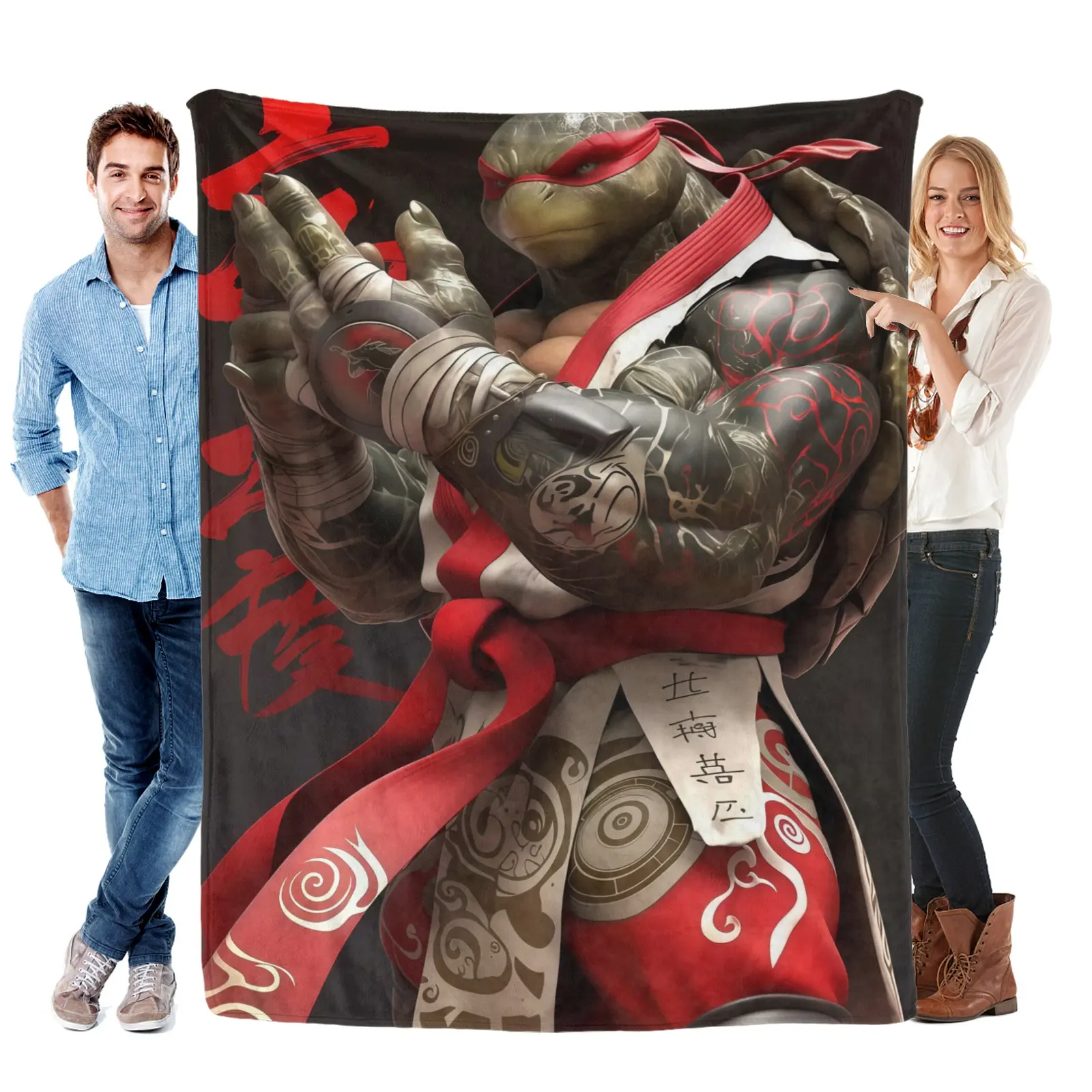 Ninja Turtle Martial Arts Flannel Throw Blanket, Green Hero Action Print for Kids Bedrooms and Gaming Lounges, Comic Style Sofa Accent & Birthday Holiday Gift for Cartoon Fans