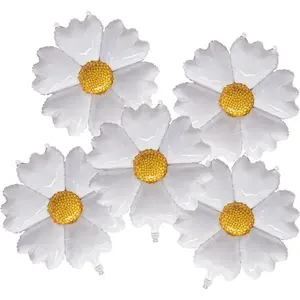 5 count Daisy Flower Foil Mylar Balloons - White Groovy Boho Style, Ideal for Birthday, Wedding, Shower Party Decorations & Supplies