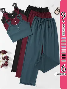 Women's Plain Contrast Lace Summer Pyjama Set, Casual Buttons Cami Top & Drawstring Waist Pants, Lady Pajamas, Womenswear Homewear, Summer Outfits 2024, Loungewear Pjs Set