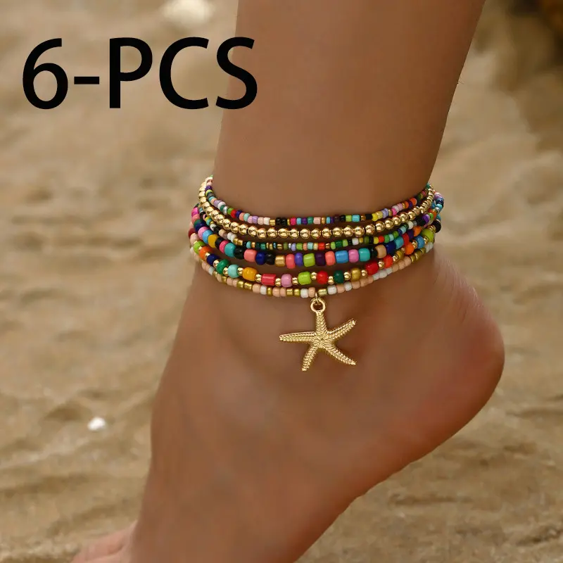 6Pcs/Set Boho-Chic Golden Starfish Pendant Anklet Vintage Colorful Rice Beads Multi-layer Ankle Chain Stackable Handmade Beades Beach Foot Jewelry Retro Ethnic Elastic Anklet Party Vacation Travel Beach Foot Chain Set