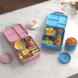 Kids 4 Compartment Leakproof Bento Lunch Box, comes with 8oz insulated soup thermo and portable lunch bag, perfect for school and travel use