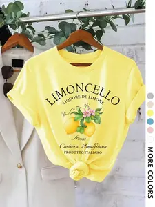 Unisex Lemon & Letter Print Round Neck Fitted Tee, Casual Short Sleeve T-shirt for Daily Wear, Ladies Clothes for All Seasons, Top, Everyday