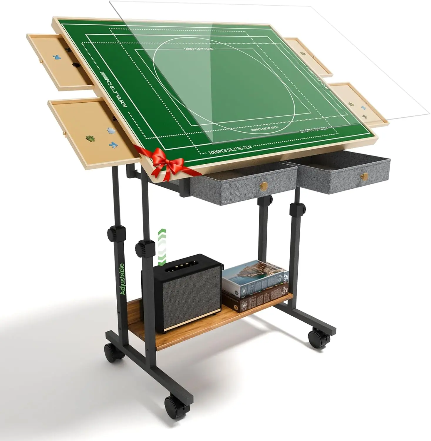 Height Adjustable Puzzle Table (25.4-35.4 in) for 1500 Pieces, Tiltable Top with Drawers & Storage Shelf, Metal Frame with Wheels, Ergonomic Jigsaw Desk for Adults, Height Adjustable Desk