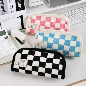 Large Capacity Canvas Pencil Case, Pencil Bag, Grid Chessboard Design, Multi-Functional Stationery Organizer for School Students Teens