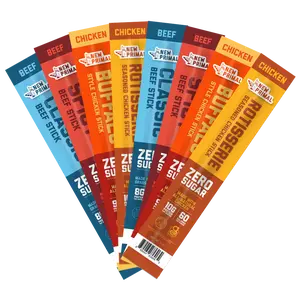 New Primal Beef and Chicken Meat Stick Sampler (8 count), High Protein Zero Sugar Snacks Variety Pack