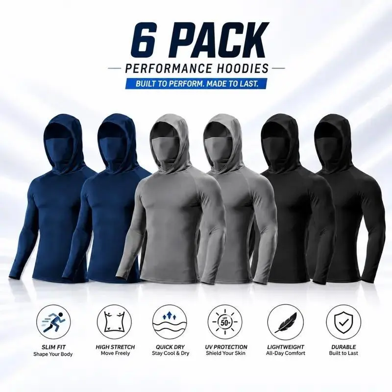 6-piece set men's outdoor work sun protection clothing with sun-blocking hoodie, featuring built-in face mask and neck guard, breathable long-sleeve hoodie