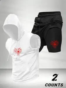 Men's Fashion 2-Piece Set, Spider Print Hooded Sleeveless Vest Top and Drawstring Waist Fake Two-Piece Basketball Shorts, Comfortable Casual Gift