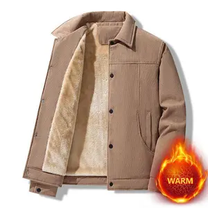 Men's Brown Shearling Jacket with Corduroy Trim - Button Front Closure, Winter Warm Coat, Vintage Casual Design