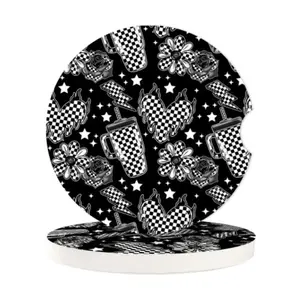 Checkerboard Car Coasters - 2 Pack | Cute Aesthetic Car Accessories for Women | Black & White Grunge Cup Holder Inserts with Floral and Checker Patterns No Warranty US