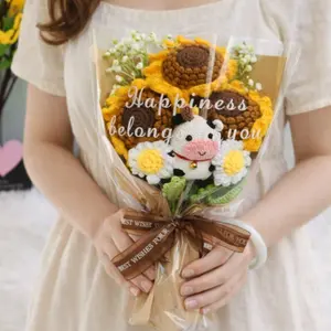 Handmade Crochet Sunflower Cow Bouquet, Decorative Bouquet, Bouquet Decorations, Valentine's Day Mother's Day Party Gift, Anniversary Present, Artificial Flowers Fake Realistic