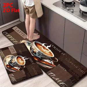 2/3 Piece Flannel Kitchen Floor Mat Set, Vintage Patchwork Coffee Cup Design, Non-Slip, Absorbent, Home Decor