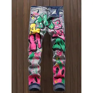 Trendy Doodles Ripped Distressed Punk Men's Denim Pants New Year physical exercise Graffiti Pattern Slim Streetwear Hiphop Jeans Cotton Casual Menswear Polyester