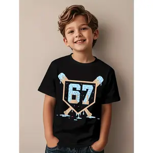 Boys' Funny Number 67 & Ice Cream Drip Print T-Shirt - Short Sleeve Round Neck Casual Tee Suitable for Birthday Parties, Sports Events & Casual Attire - Math-Themed Clothing with 67 Number Design