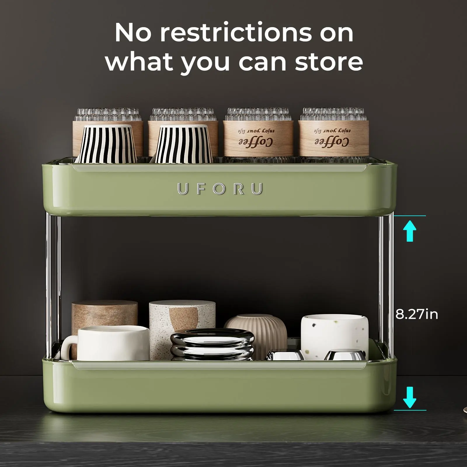 UFORU 2/3 Tier Cup Drying Rack, Vintage Countertop Cup Storage Organizer with Drain Tray, Multilayer Kitchen Mug Holder, White/Black/Green Home Desktop Water Cup Stand