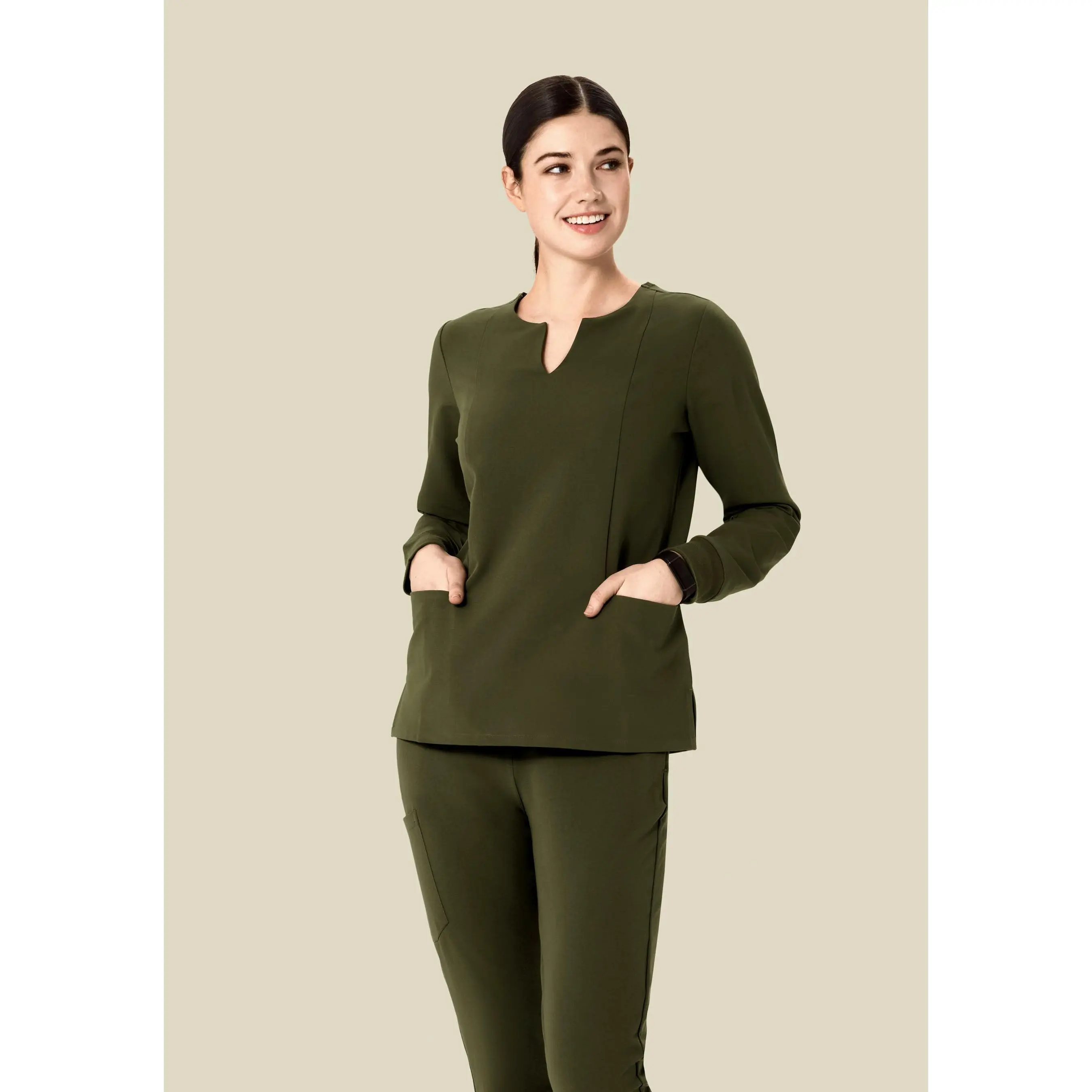 Long Sleeve Notch Neck Top Olive