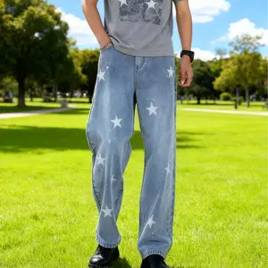 Bindefon Men’s Straight-Leg Star Print Cargo Jeans – Embroidered Denim Pants All-Season Menswear Outfit Christmas & New Year Trending Streetwear Cloth