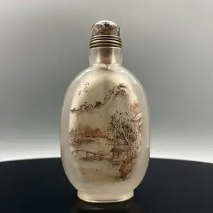 A1507 Old Chinese Crystal Inside Painting Mountain River Scene Design Snuff Bottle w Stopper
