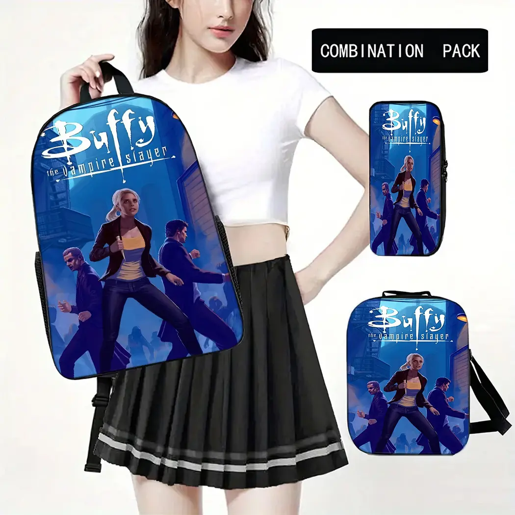 3-piece set of < Buffy the Vampire Slayer >   backpacks, featuring iconic TV series logos and characters - adjustable laptop compartment bag, durable polyester lining, hand washable (for ages 14 and up) - gift for Buffy fans