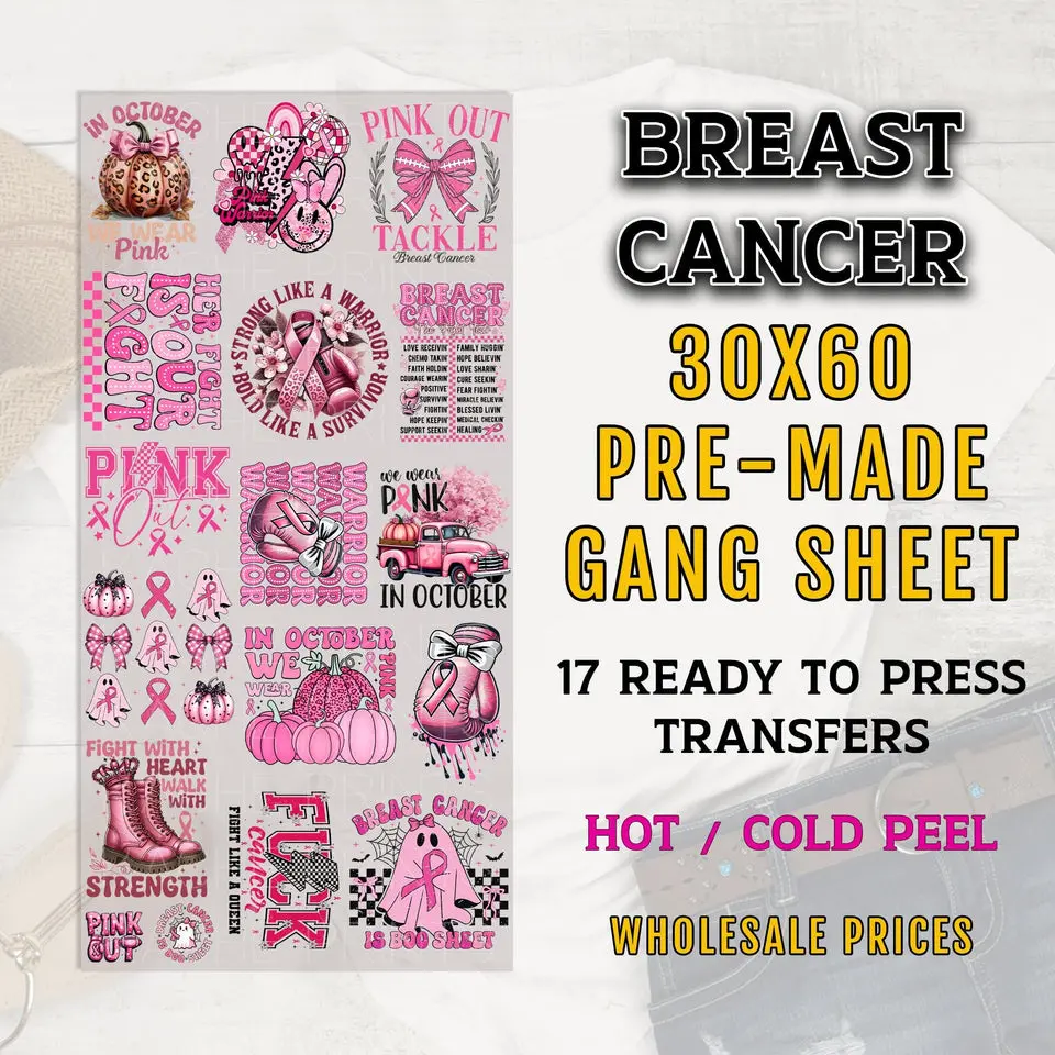 Breast Cancer Gang Sheet, Breast Cancer DTF Transfer, Breast Cancer Awareness DTF Transfer Ready For Press, Premade Gang Sheet, Pink October