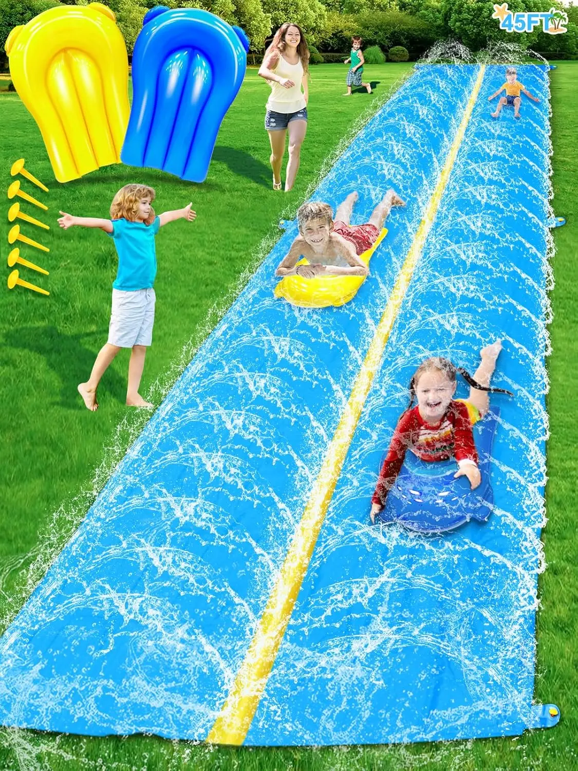 45Ft Huge Slip and Water Slide with Sprinkler, Heavy Duty Lawn Waterslide for Kids Adults, Extra Long Double Lane Water Toys n Slides with 2 Bodyboards Backyard Lawn Summer Outdoor Water Toys