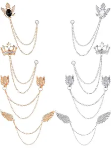 8Pcs Tassel Chain Brooch Collar Pins Wings Wolf Crown Eagle Lapel Pins for Men Vintage Rhinestone Suit Coat Shirt Brooches Pin Accessories for Wedding Gold Sliver Tone
