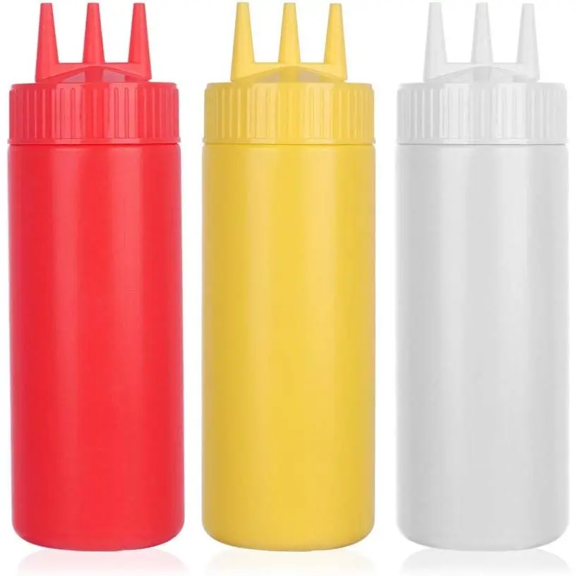 3 count Seasoning Squeeze Bottles, 3 Hole Ketchup Mustard Dressing Squeeze Squirt Bottles, Salad Sauce Condiment Cream Squeeze Bottles for Kitchen Restaurant Bakery (24oz, Multicolor)