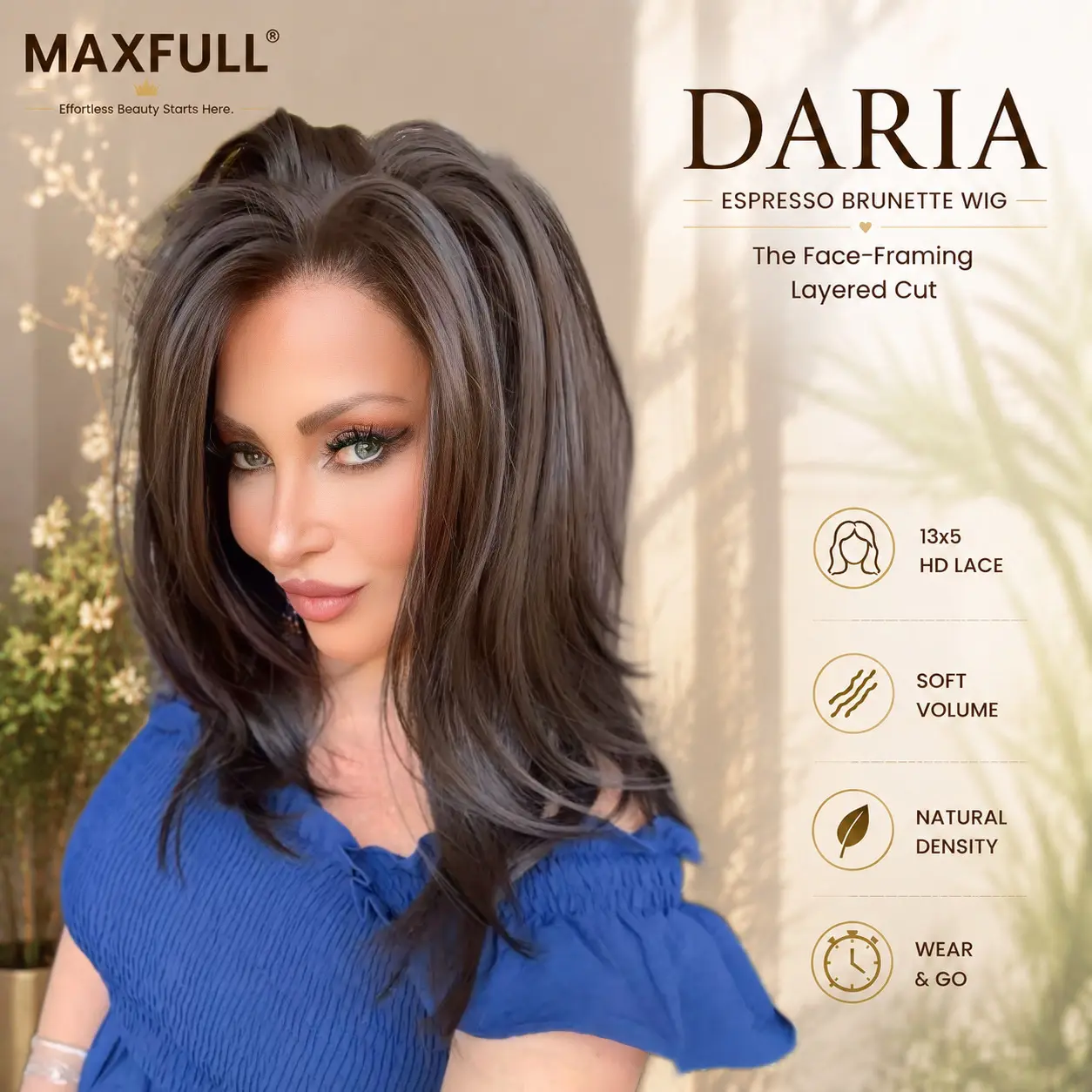 Daria - MaxFull Espresso Brunette Wig | Face-Framing Layered, Pre-Cut, 13x5 Skin-Melt HD Lace, Free Part, Soft Dimension, Effortlessly Expensive Real-Hair Movement for Comfortable Everyday Synthetic Wig