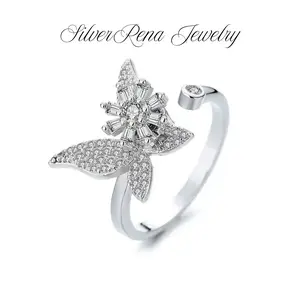 Elegant Butterfly & Sunflower Fidget Ring Jewelry for Women, Adjustable Open Ring with Rotatable Design, Elegant and Trendy Hypollargenic Sterling Silver Jewelry Gift for Her,  Birthday Valentine's Day Gift, Daily Wear Jewelry