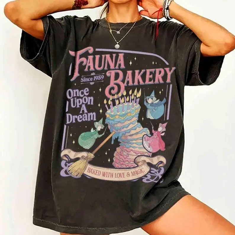 Women's Printed Loose 100% Cotton T-Shirt - Fauna Bakery Once Upon A Dream Inspired, Vintage Sleeping Fairies & Fairy Godmothers Print, Acid Wash Oversized, Retro Magical Casual Top, Whimsical Bakery Tee for Storybook Fantasy Enthusiasts, Tshirt, Round Ne