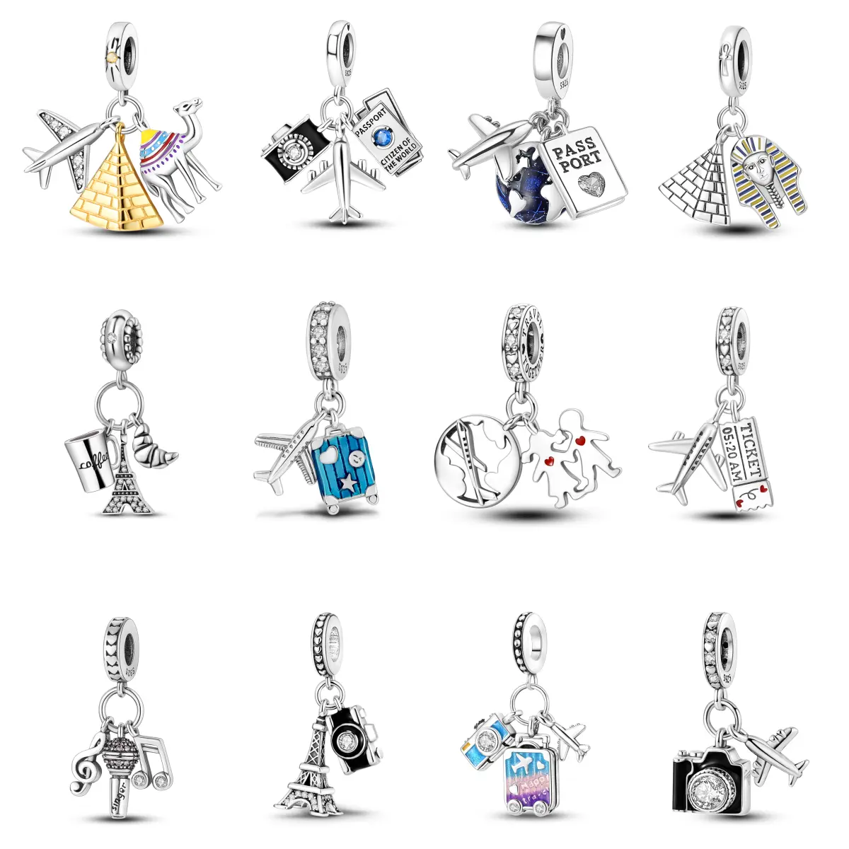 MULA 925 Silver-Plated Travel Charms for Women Adventurers, World & Airplane Zircon Pendants, DIY Trip Collectibles Compatible with Pandora Bracelets, Zircon Stones